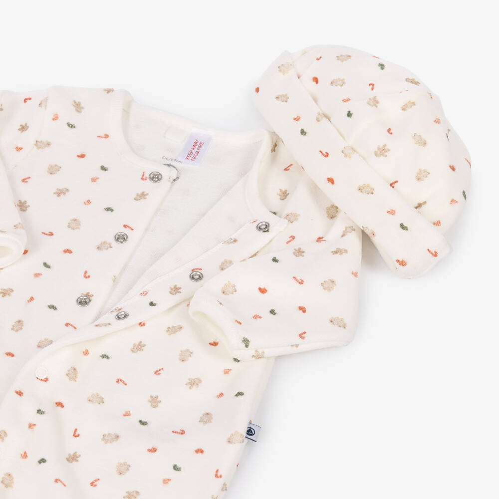Petit Bateau-Ivory Velour Babygrow Set with Festive Print | Childrensalon