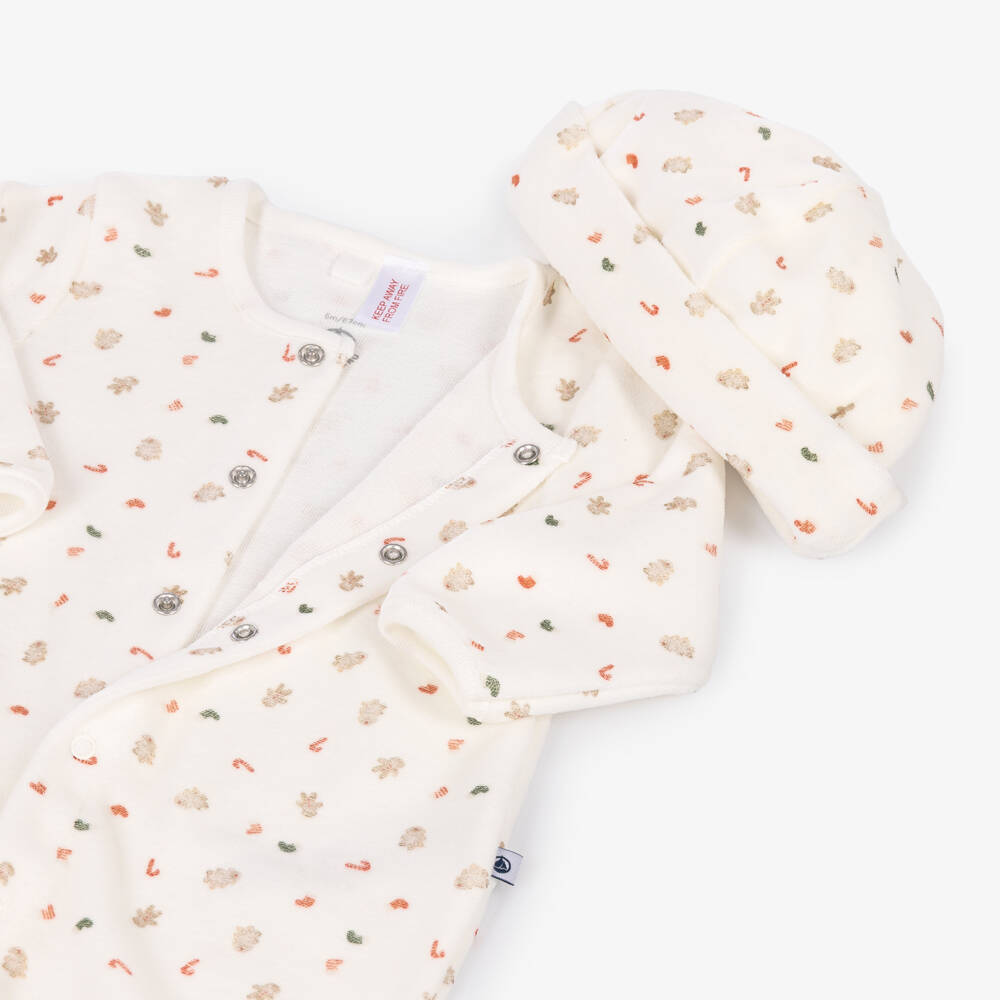Petit Bateau-Ivory Velour Babygrow Set with Festive Print | Childrensalon
