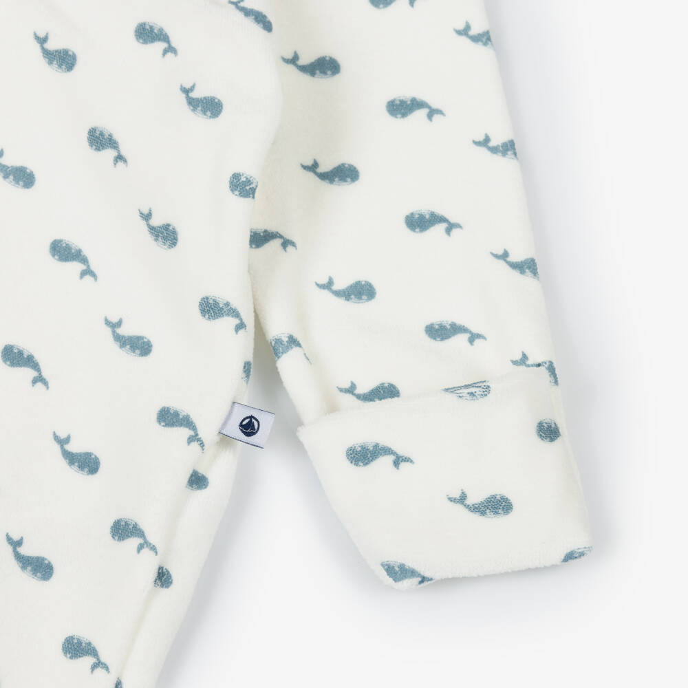 Petit Bateau-Ivory Velour Whale Print Babygrow | Childrensalon