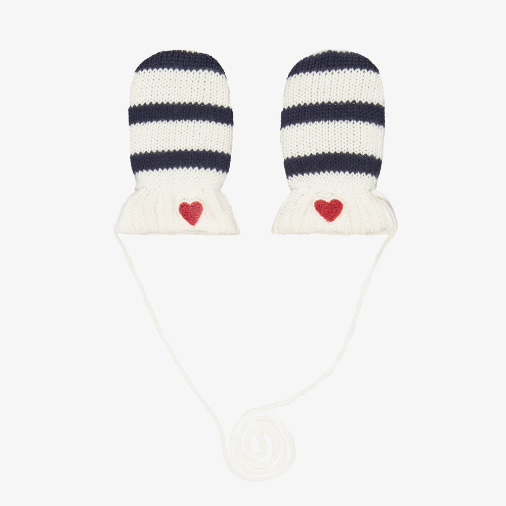 Petit Bateau-Navy Blue & Ivory Striped Cotton Knit Mittens | Childrensalon