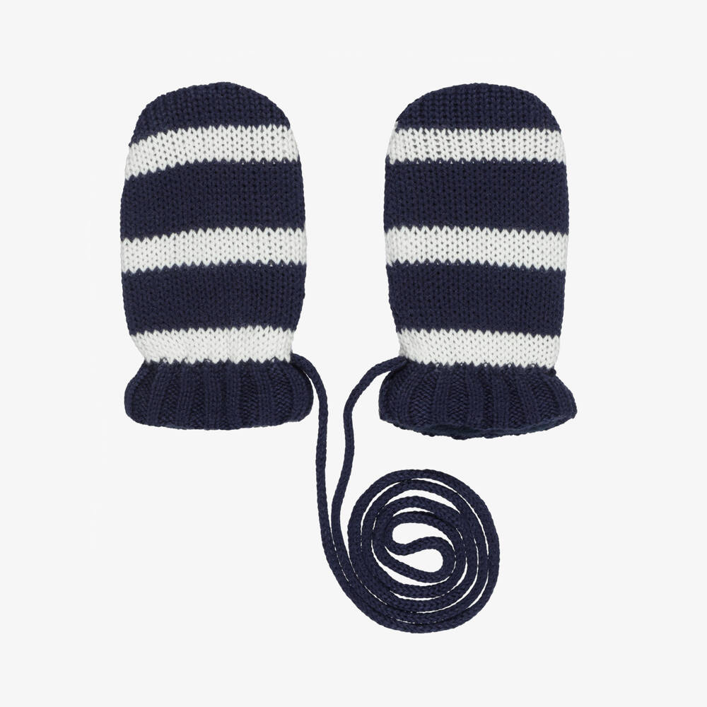 Petit Bateau-Navy Blue & Ivory Striped Knitted Mittens | Childrensalon