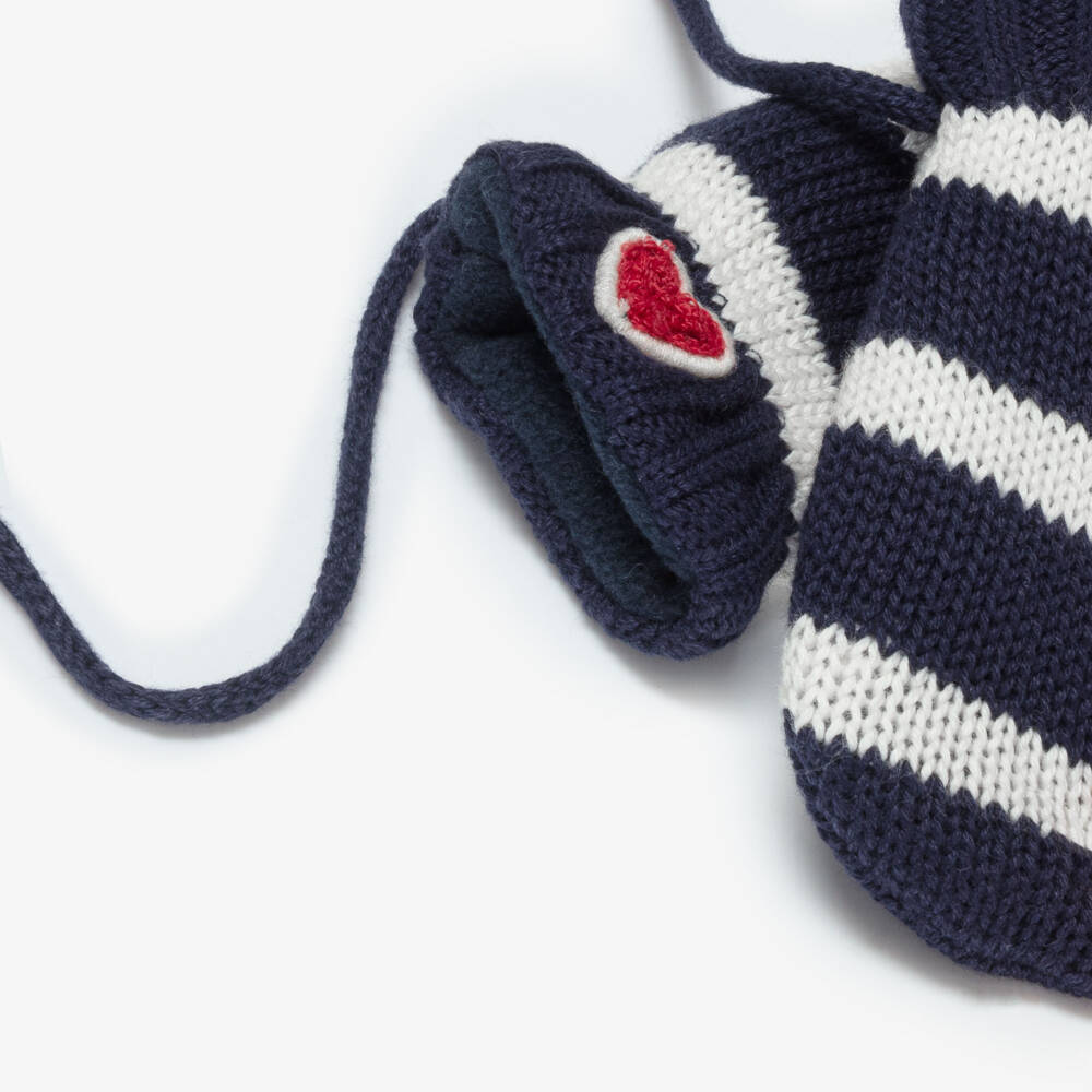 Petit Bateau-Navy Blue & Ivory Striped Knitted Mittens | Childrensalon