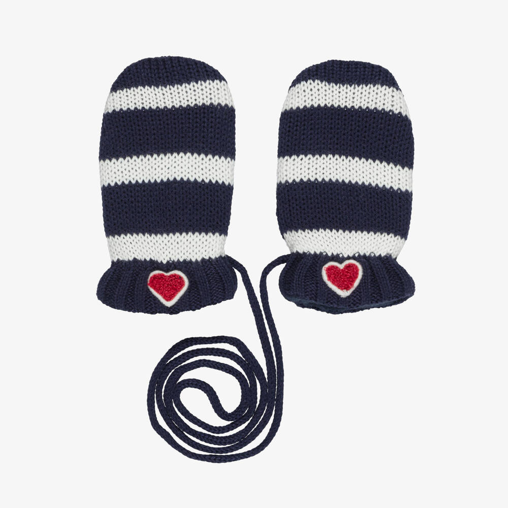 Petit Bateau-Navy Blue & Ivory Striped Knitted Mittens | Childrensalon