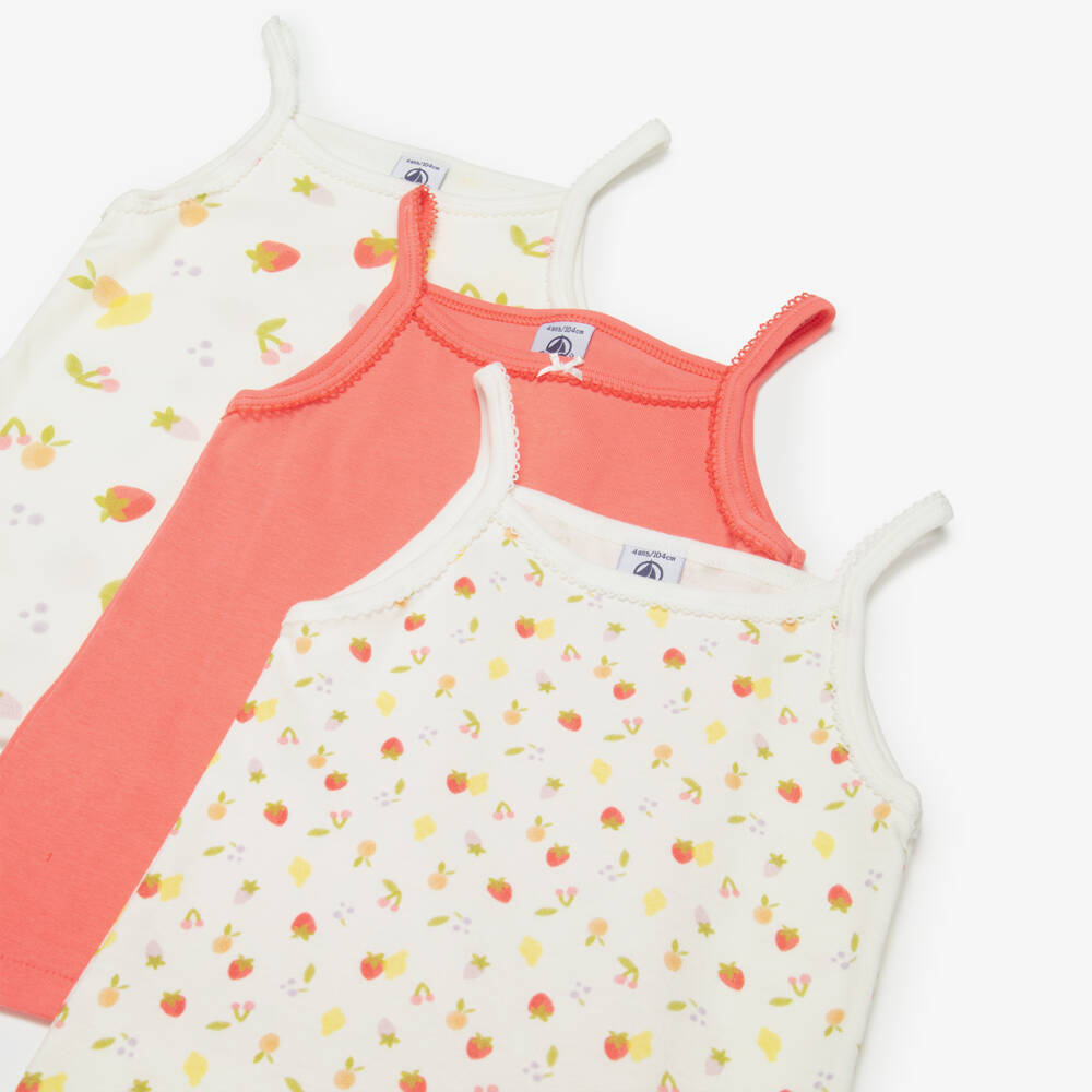 Petit Bateau-Girls Ivory & Pink Cotton Vests with Fruit Print (3 Pack) | Childrensalon