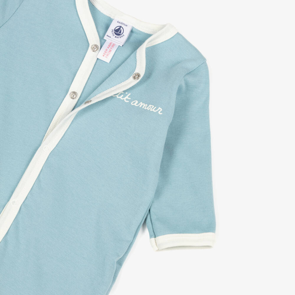 Petit Bateau-Teal Blue Cotton Jersey Babygrow with Ivory Trim | Childrensalon