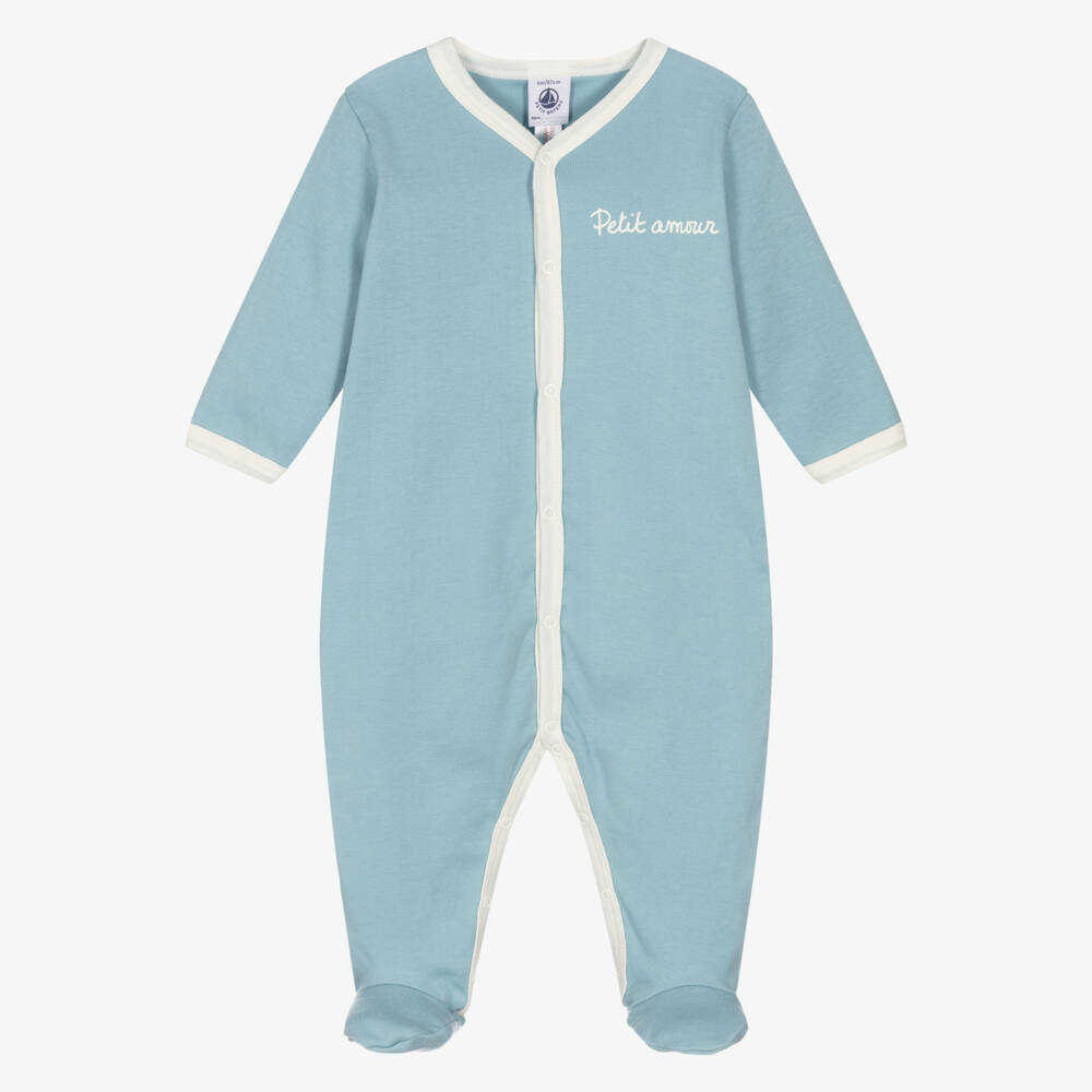 Petit Bateau-Teal Blue Cotton Jersey Babygrow with Ivory Trim | Childrensalon