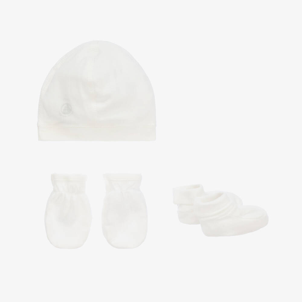 Petit Bateau-White Cotton Baby Hat & Booties Set | Childrensalon