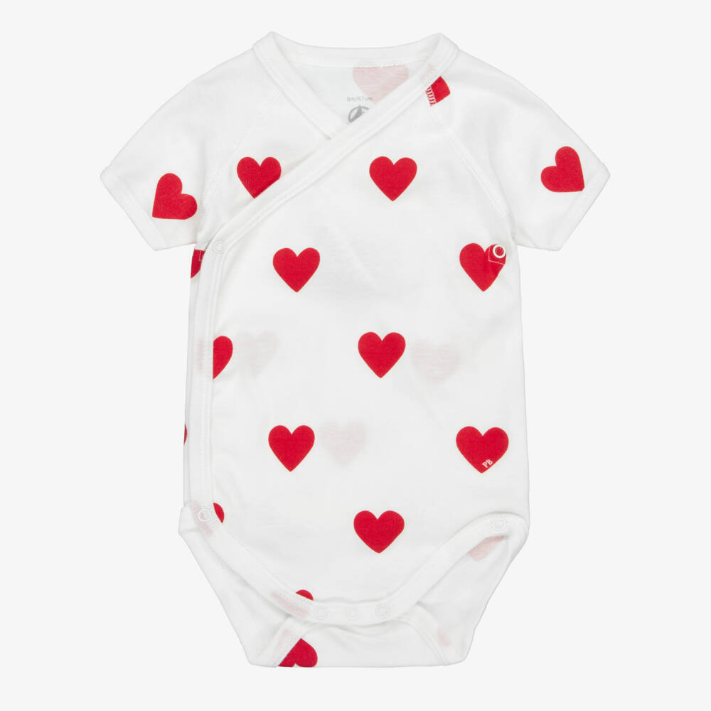 Petit Bateau-White Cotton Bodyests with Red Hearts (3 Pack) | Childrensalon