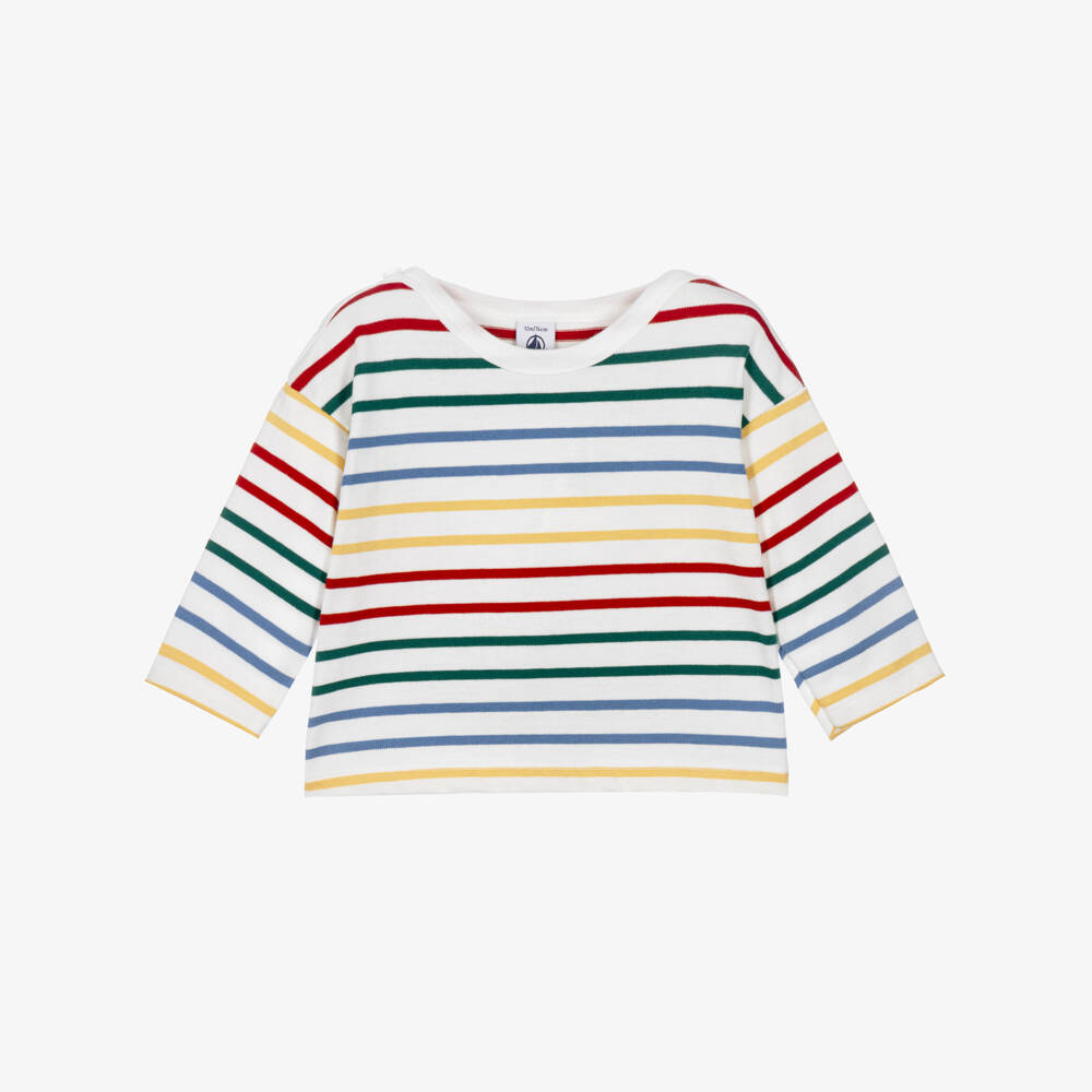Petit Bateau-White Cotton Long Sleeved Top with Colourful Breton Stripes | Childrensalon