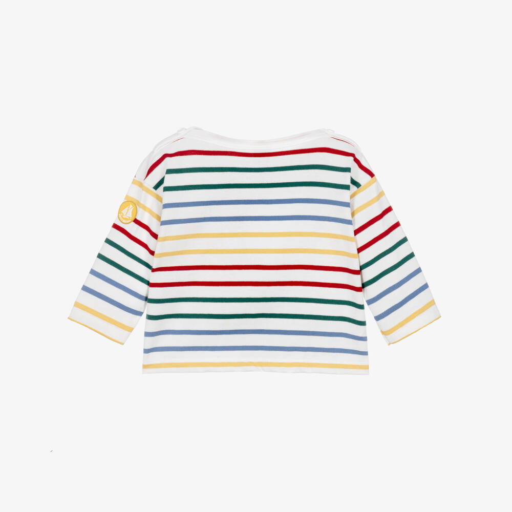 Petit Bateau-White Cotton Long Sleeved Top with Colourful Breton Stripes | Childrensalon
