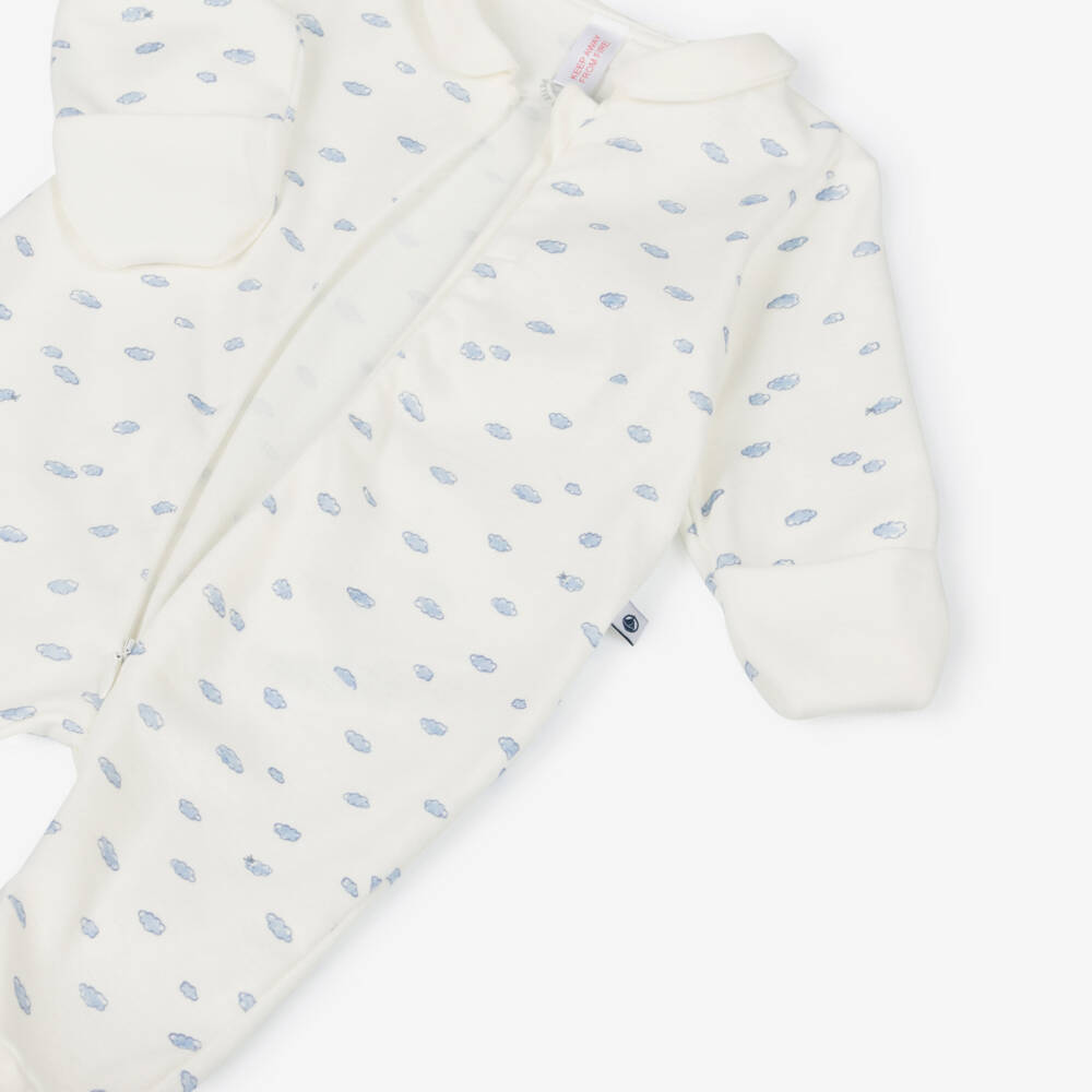 Petit Bateau-White Cotton Zip-Up Babygrow with Blue Clouds Print | Childrensalon