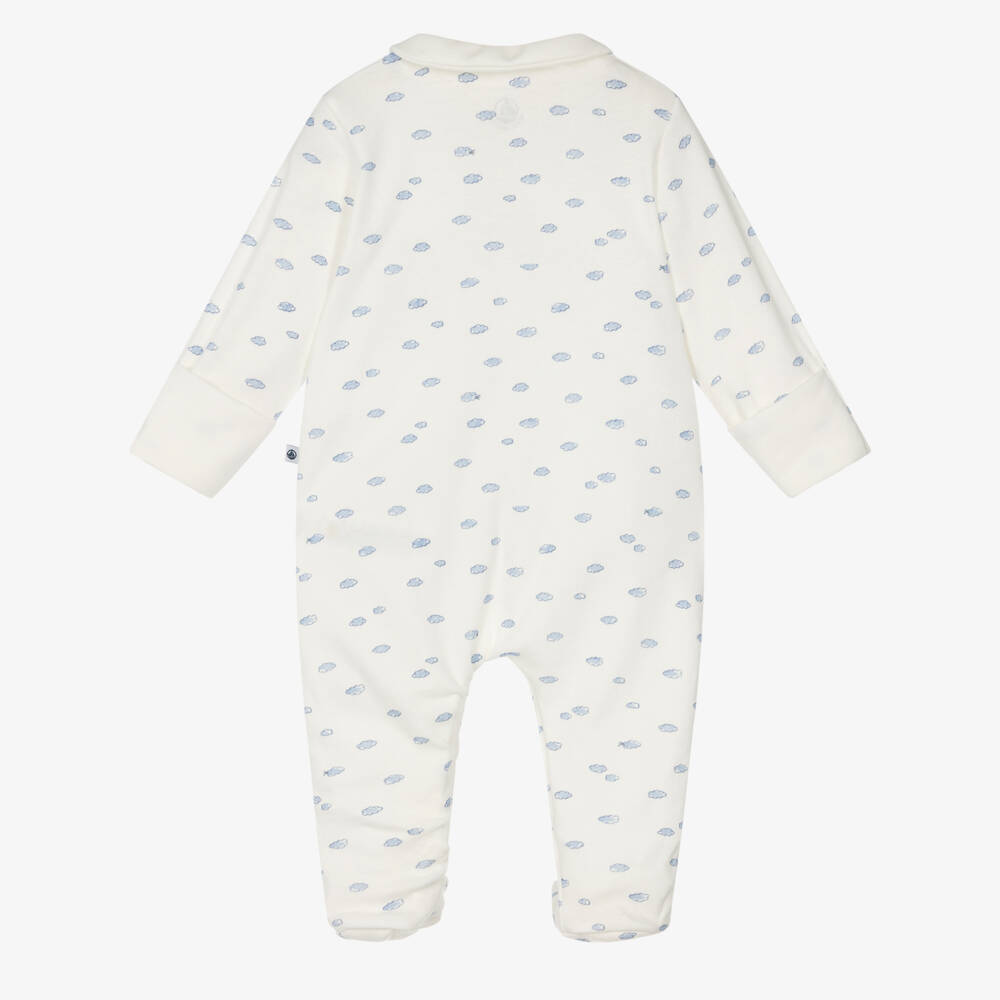 Petit Bateau-White Cotton Zip-Up Babygrow with Blue Clouds Print | Childrensalon