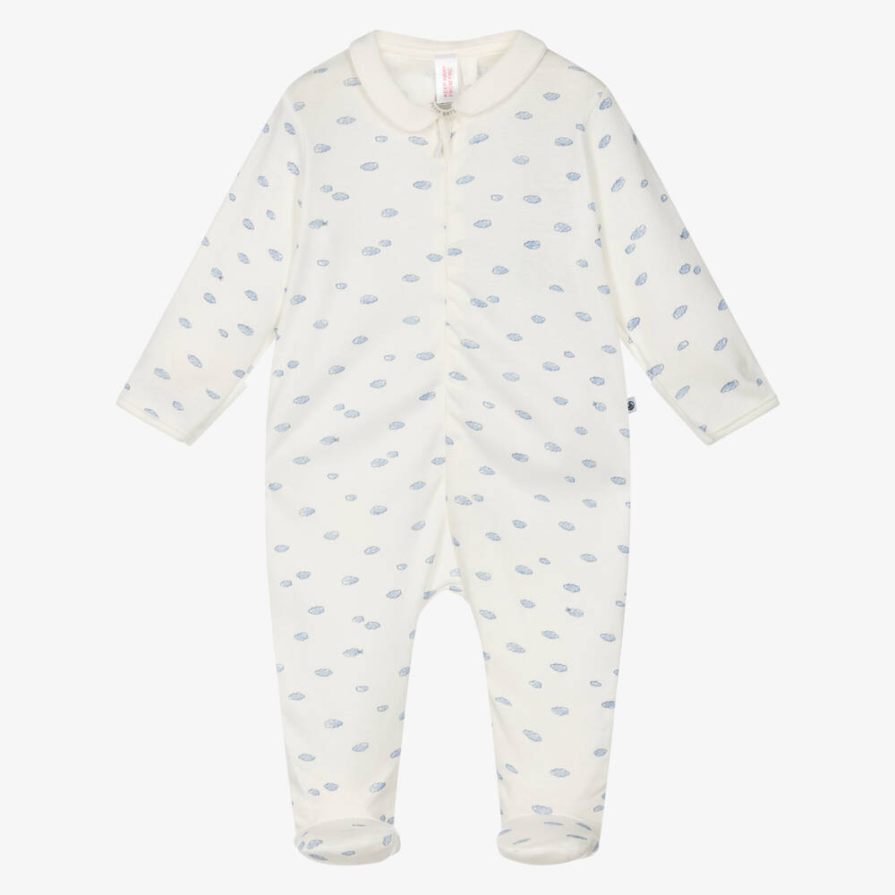 Petit Bateau-White Cotton Zip-Up Babygrow with Blue Clouds Print | Childrensalon