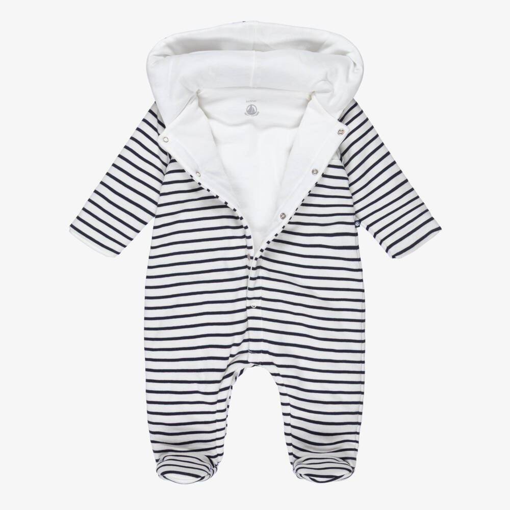 Petit Bateau-White & Navy Blue Breton Stripe Padded Cotton Pramsuit | Childrensalon