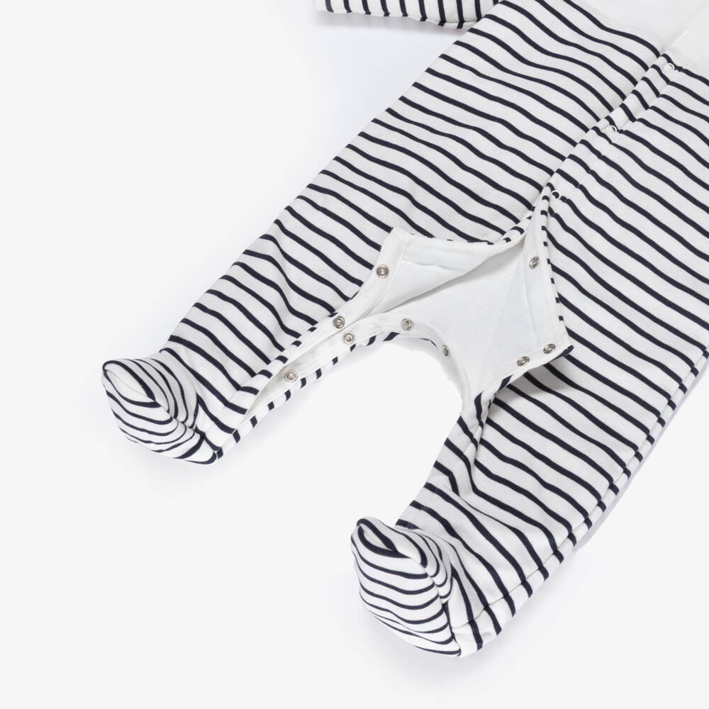 Petit Bateau-White & Navy Blue Breton Stripe Padded Cotton Pramsuit | Childrensalon