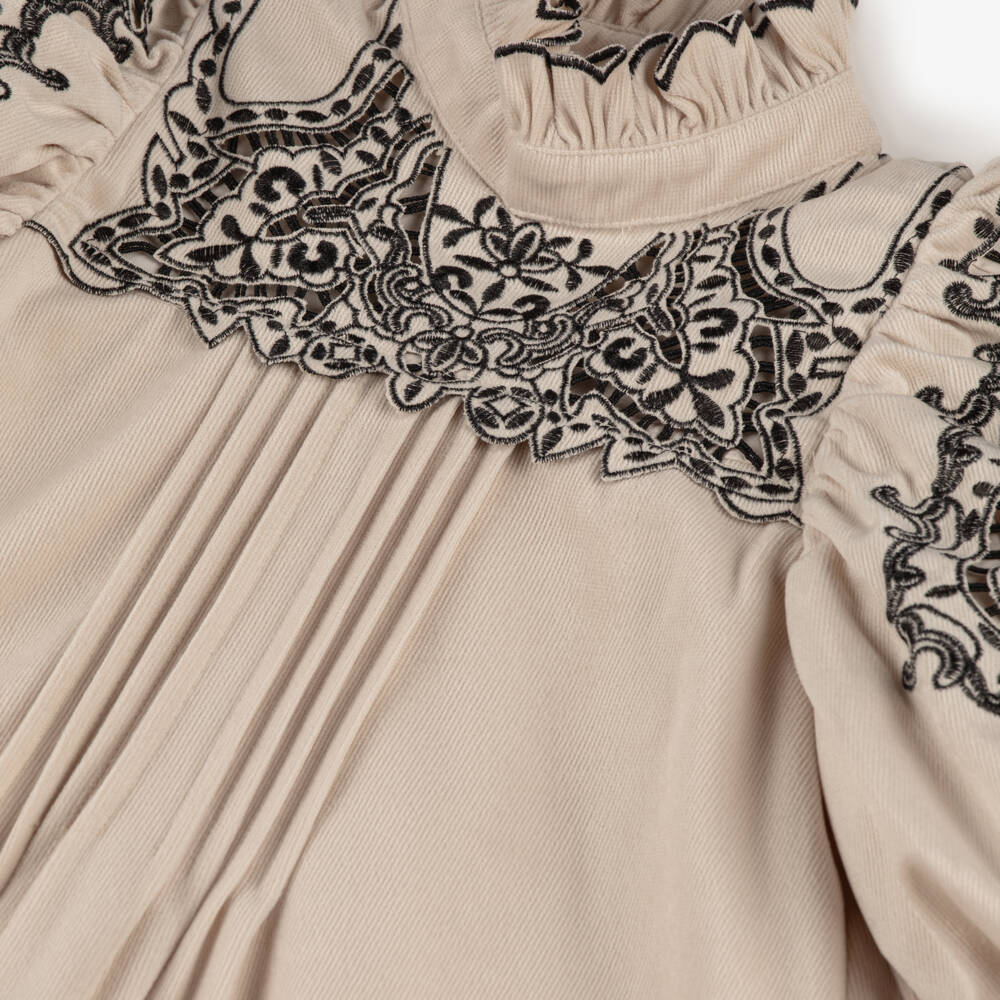 Petite Amalie-Girls Beige Needlecord Dress with Black Cutwork & Embroidery | Childrensalon