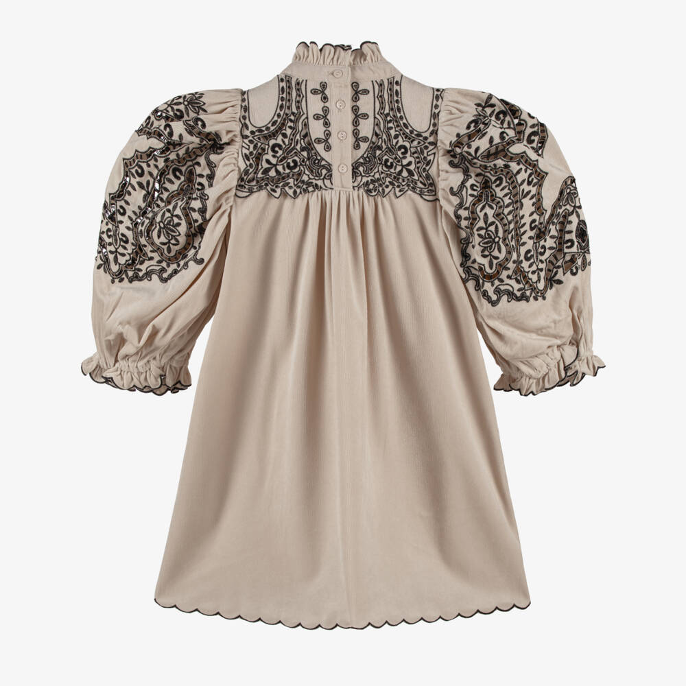 Petite Amalie-Girls Beige Needlecord Dress with Black Cutwork & Embroidery | Childrensalon