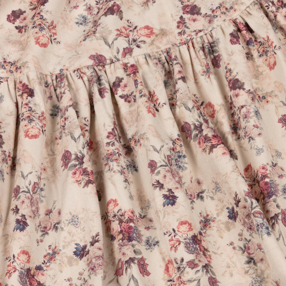 Petite Amalie-Girls Beige Needlecord Floral Print Dress | Childrensalon