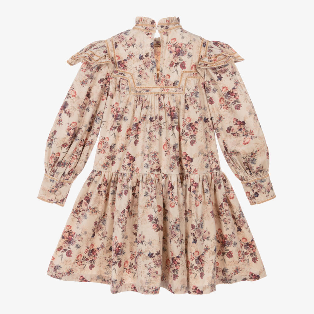 Petite Amalie-Girls Beige Needlecord Floral Print Dress | Childrensalon