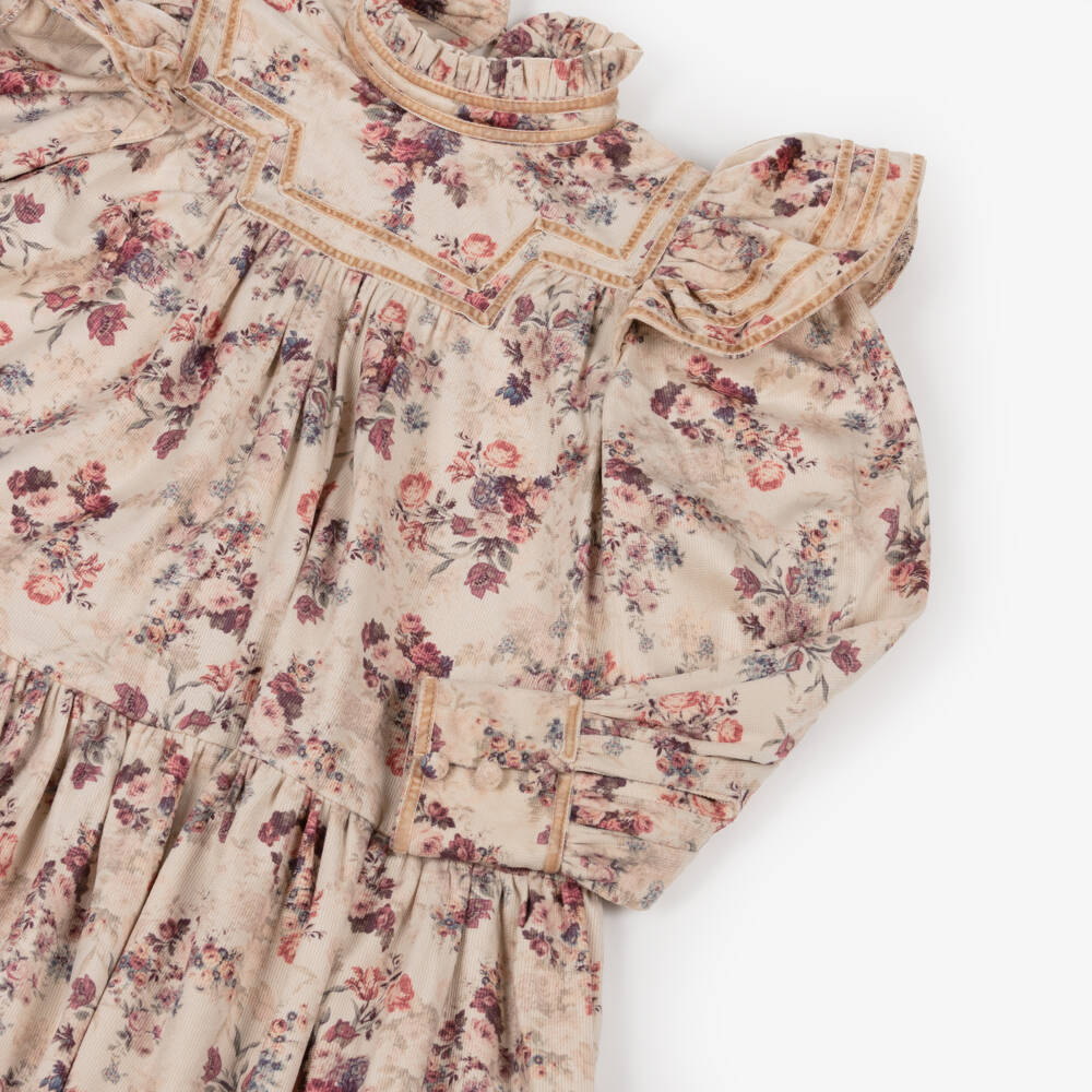 Petite Amalie-Girls Beige Needlecord Floral Print Dress | Childrensalon