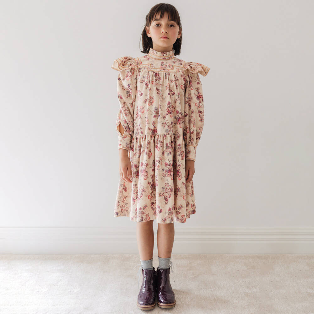 Petite Amalie-Girls Beige Needlecord Floral Print Dress | Childrensalon