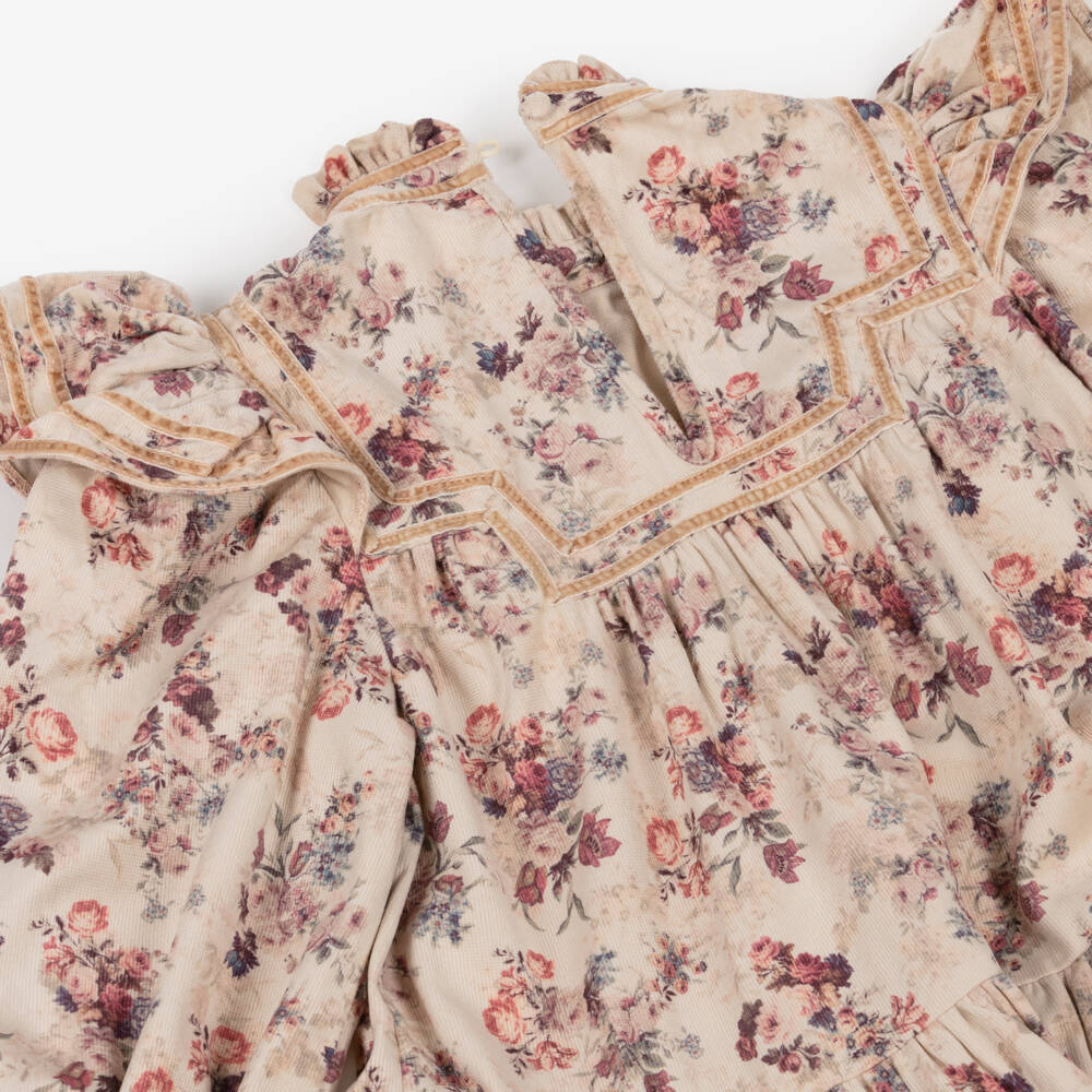 Petite Amalie-Girls Beige Needlecord Floral Print Dress | Childrensalon