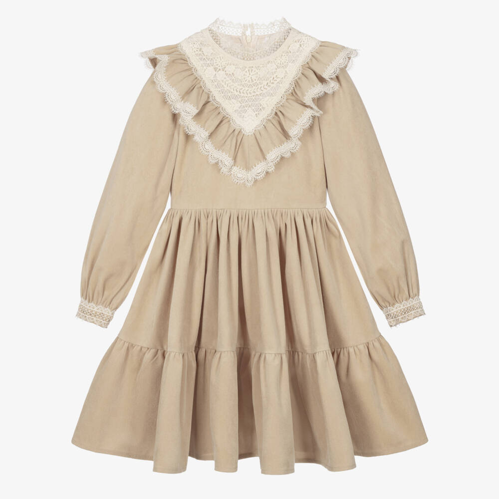 Petite Amalie-Girls Beige Velveteen Dress with Vintage Lace | Childrensalon