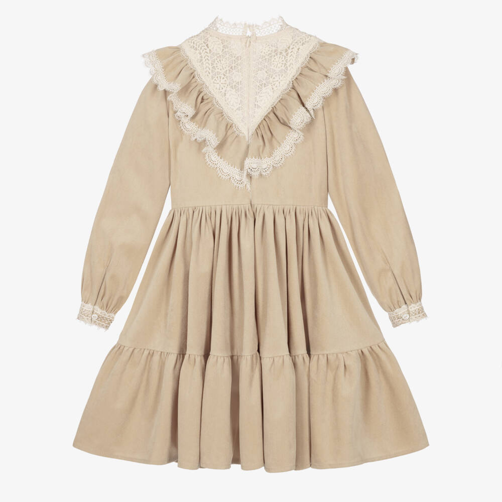 Petite Amalie-Girls Beige Velveteen Dress with Vintage Lace | Childrensalon