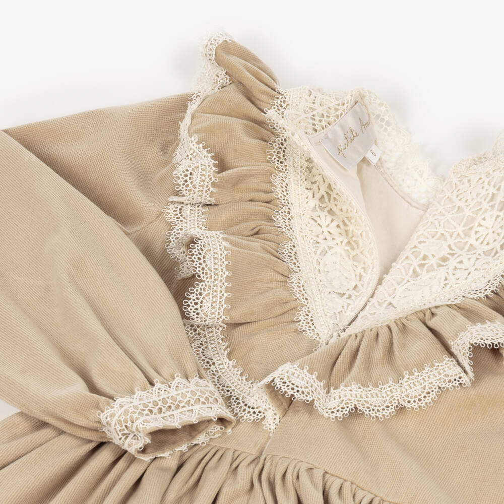 Petite Amalie-Girls Beige Velveteen Dress with Vintage Lace | Childrensalon