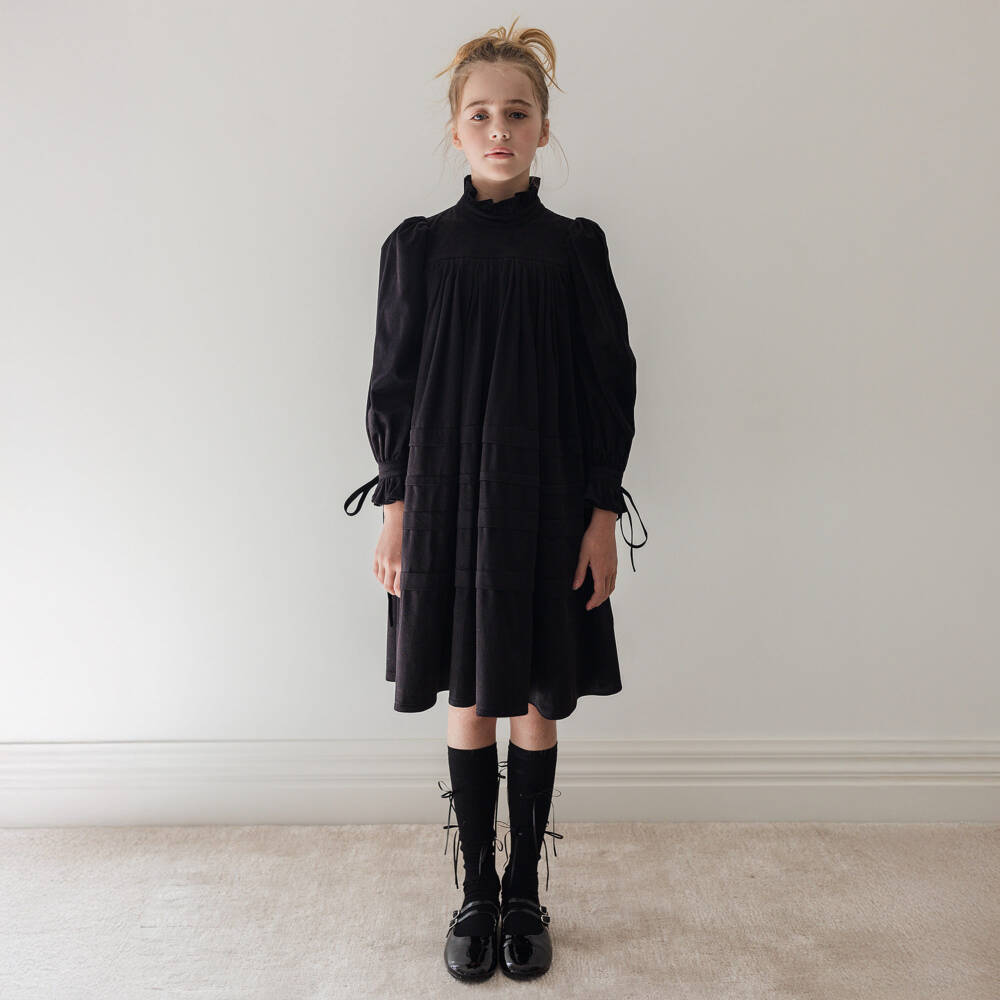 Petite Amalie-Girls Black Needlecord Long Sleeve Dress | Childrensalon