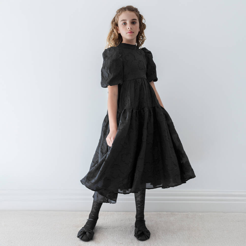 Petite Amalie-Girls Black Organza Floral Jacquard Dress | Childrensalon