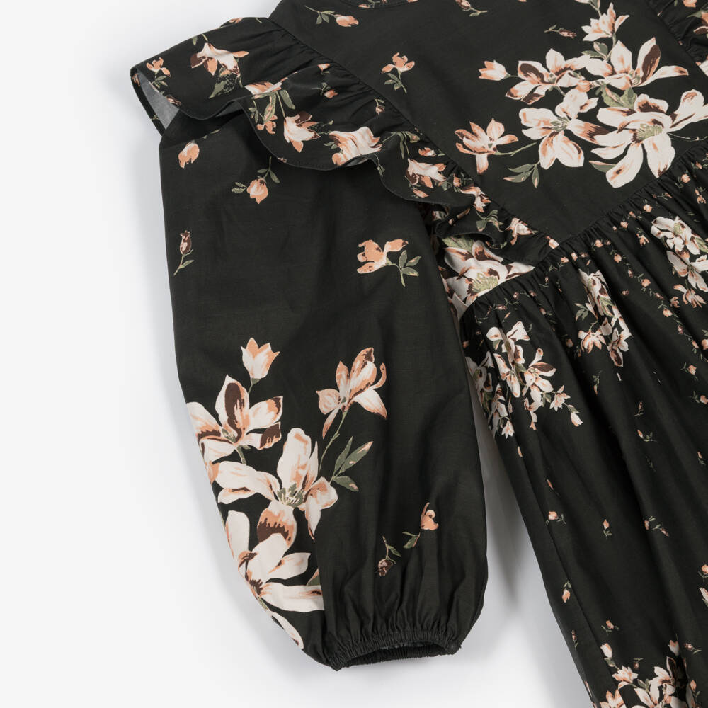 Petite Amalie-Girls Black & Peach Pink Floral Cotton Dress with Ruffles | Childrensalon