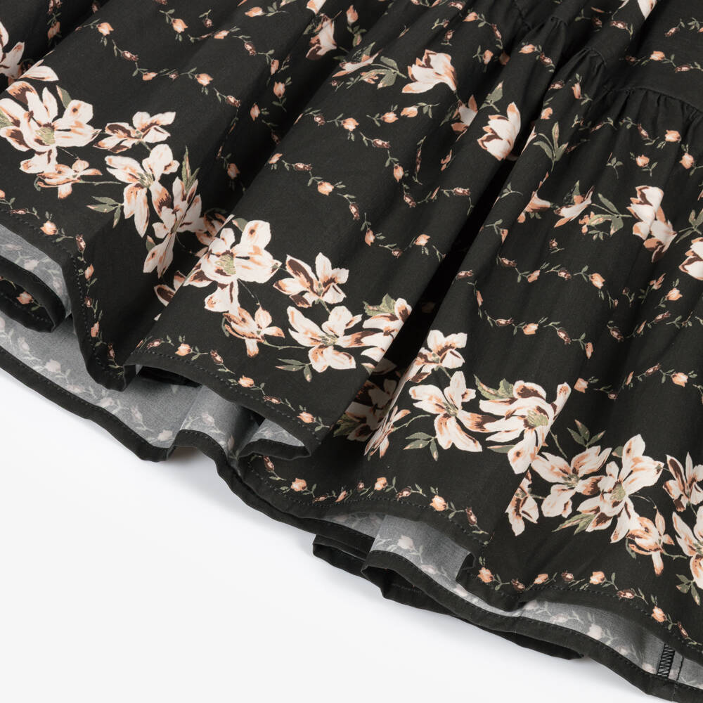 Petite Amalie-Girls Black & Peach Pink Floral Cotton Dress with Ruffles | Childrensalon