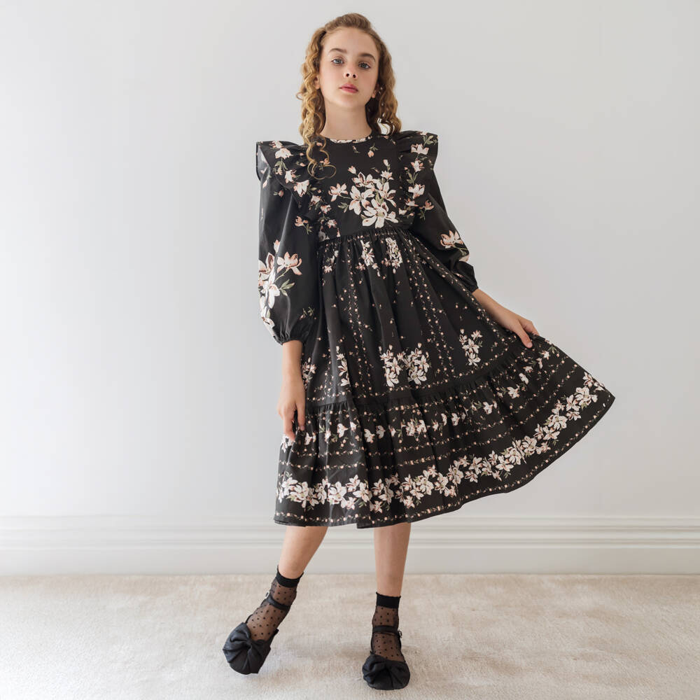 Petite Amalie-Girls Black & Peach Pink Floral Cotton Dress with Ruffles | Childrensalon