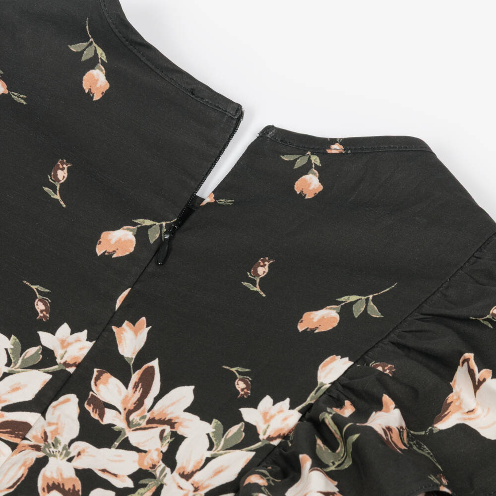 Petite Amalie-Girls Black & Peach Pink Floral Cotton Dress with Ruffles | Childrensalon