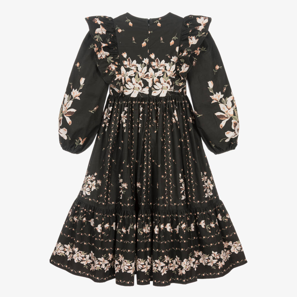 Petite Amalie-Girls Black & Peach Pink Floral Cotton Dress with Ruffles | Childrensalon