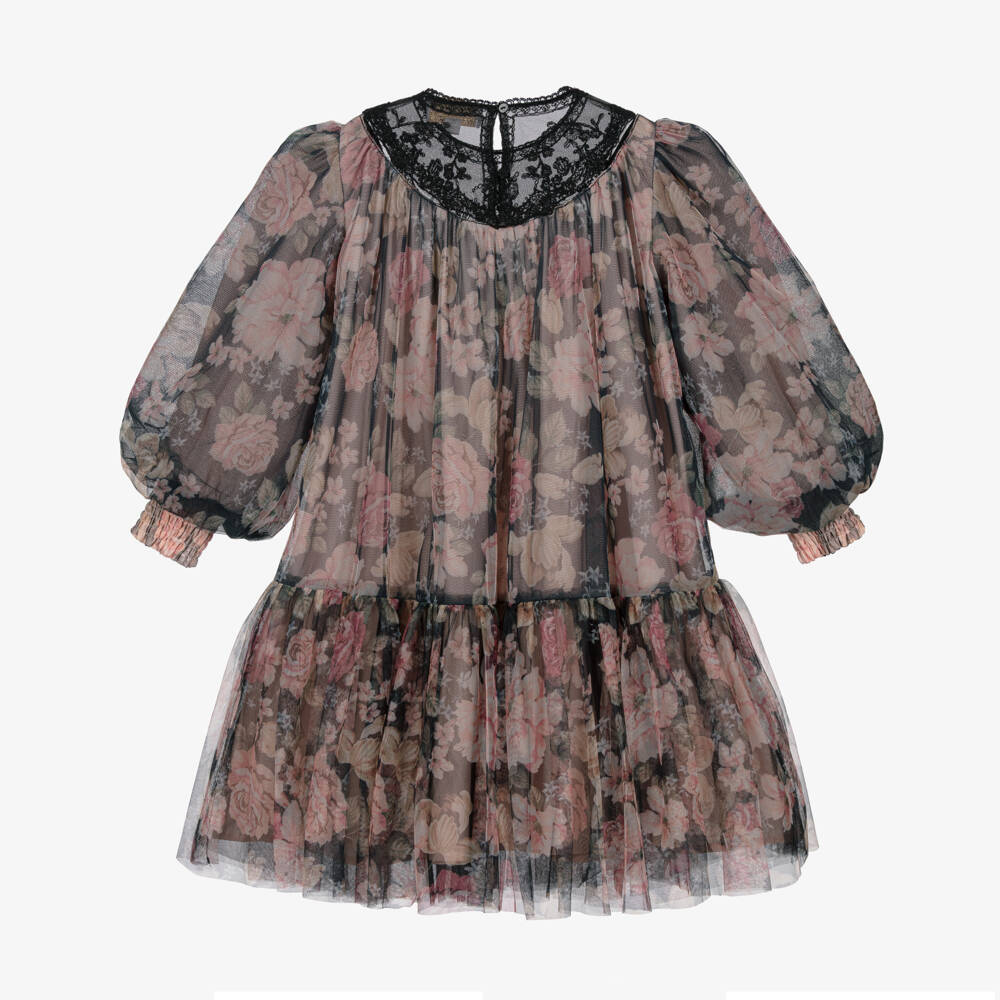 Petite Amalie-Girls Black & Pink Floral Chiffon Dress | Childrensalon