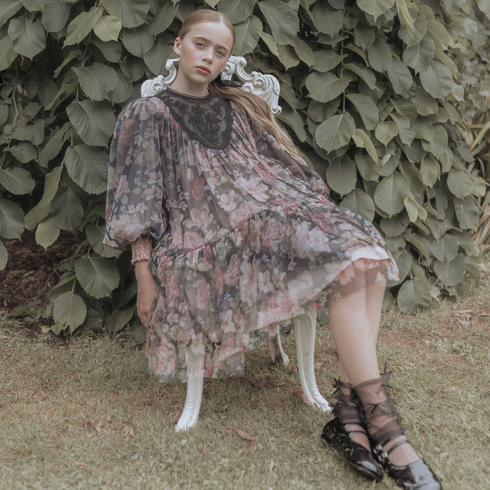 Petite Amalie-Girls Black & Pink Floral Chiffon Dress | Childrensalon