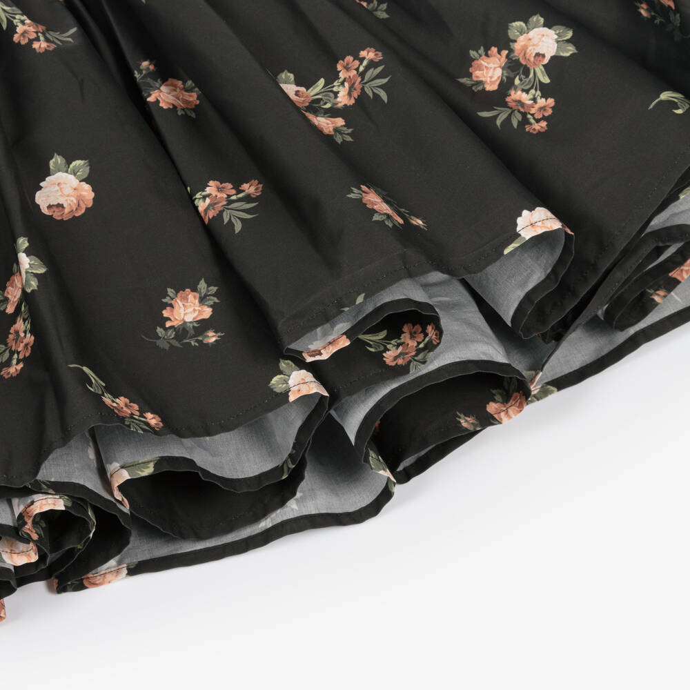 Petite Amalie-Girls Black & Pink Floral Cotton Dress with Puffed Sleeves | Childrensalon