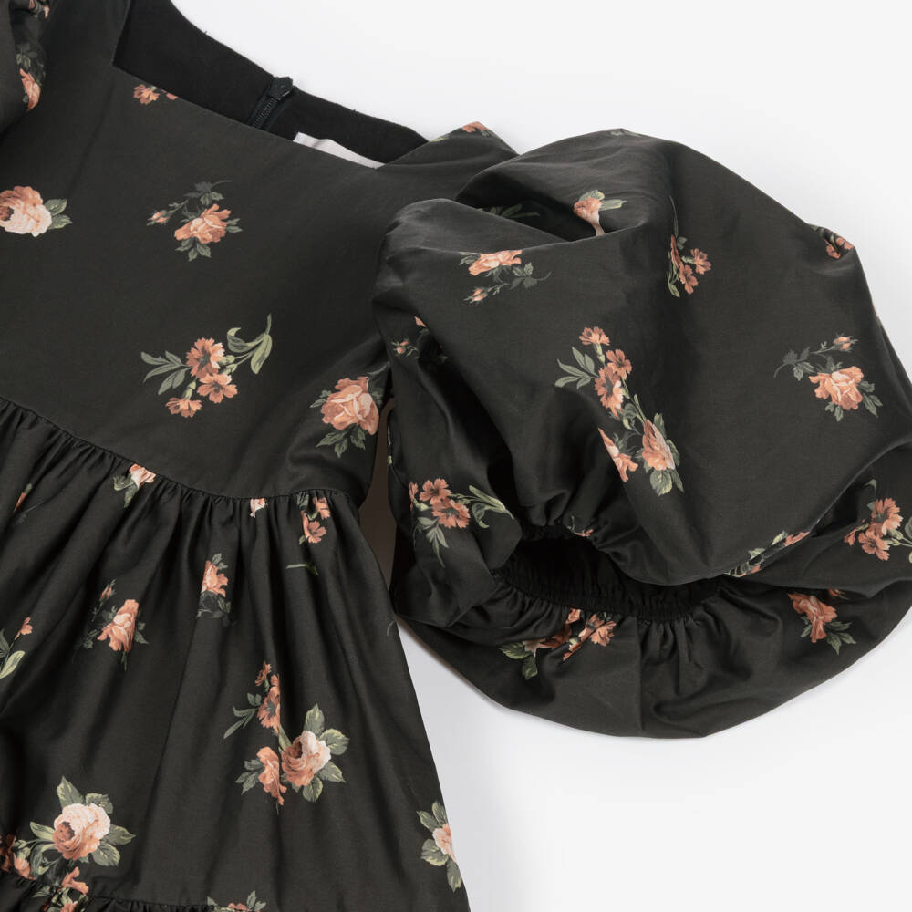 Petite Amalie-Girls Black & Pink Floral Cotton Dress with Puffed Sleeves | Childrensalon