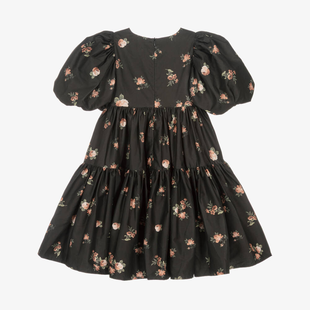 Petite Amalie-Girls Black & Pink Floral Cotton Dress with Puffed Sleeves | Childrensalon