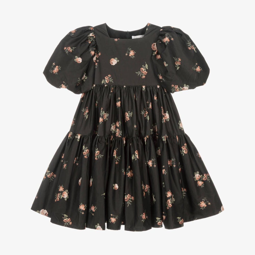 Petite Amalie-Girls Black & Pink Floral Cotton Dress with Puffed Sleeves | Childrensalon