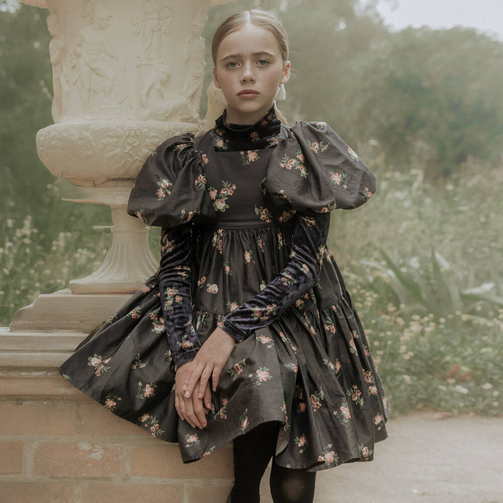 Petite Amalie-Girls Black & Pink Floral Cotton Dress with Puffed Sleeves | Childrensalon
