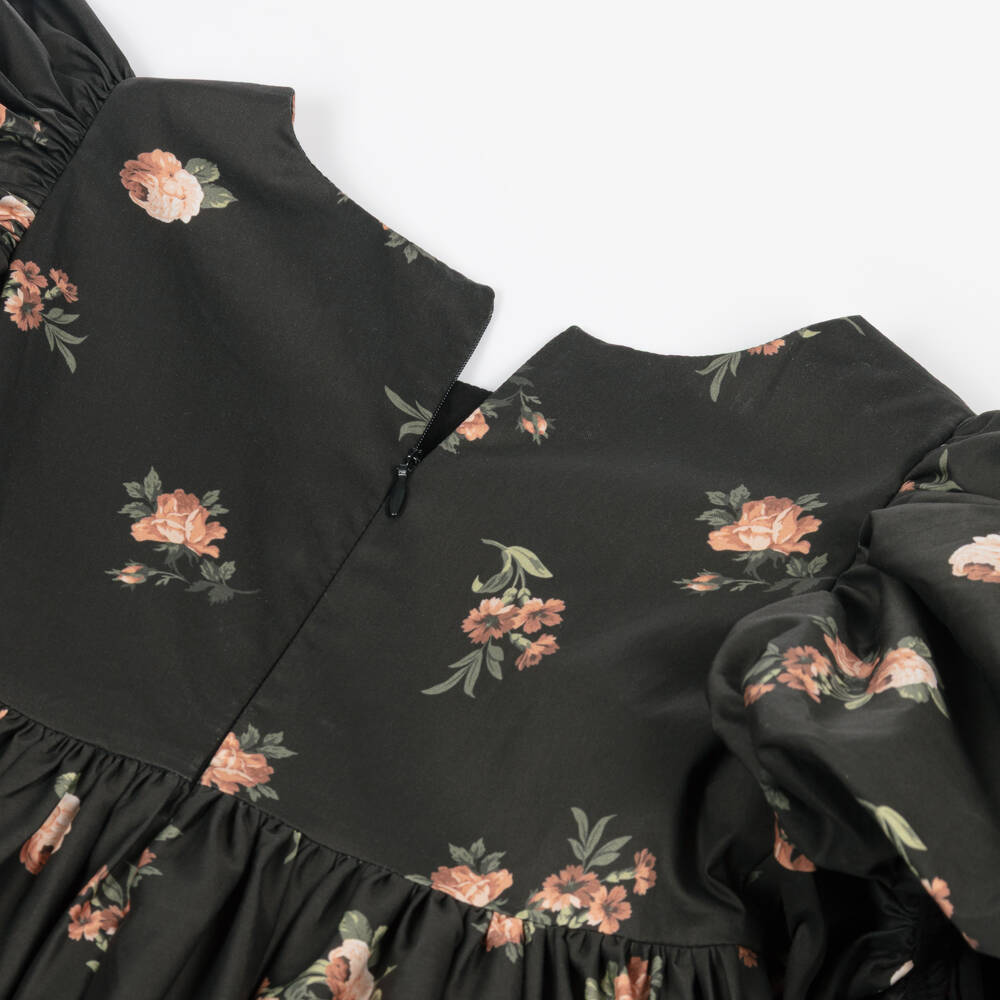 Petite Amalie-Girls Black & Pink Floral Cotton Dress with Puffed Sleeves | Childrensalon