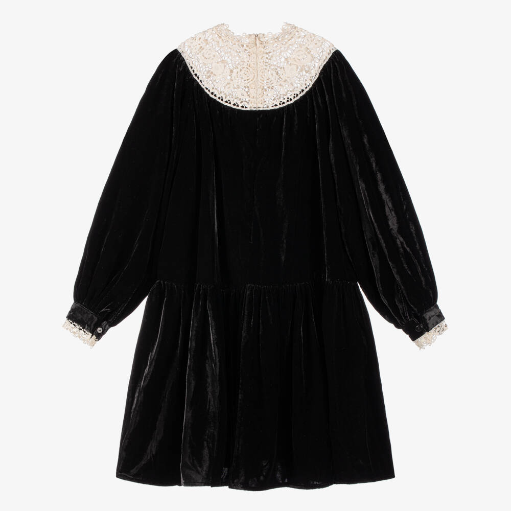 Petite Amalie-Girls Black Velour Dress with Ivory Lace Panel | Childrensalon