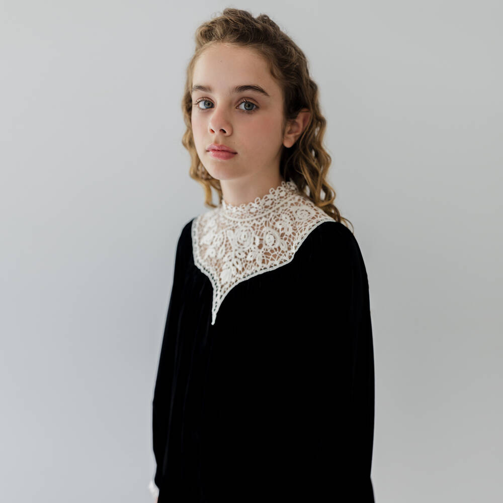 Petite Amalie-Girls Black Velour Dress with Ivory Lace Panel | Childrensalon