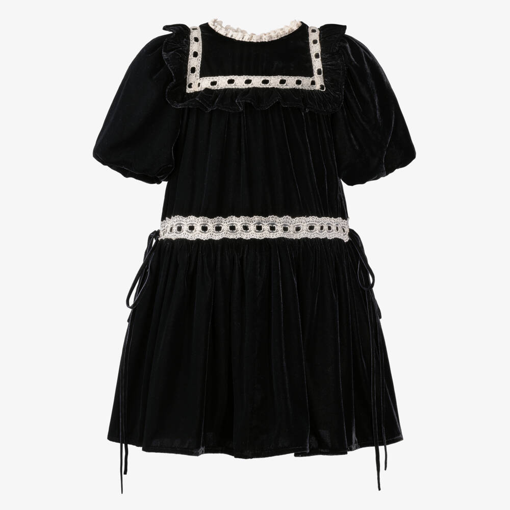 Petite Amalie-Girls Black Velvet Dress with Ribbon Lace  | Childrensalon