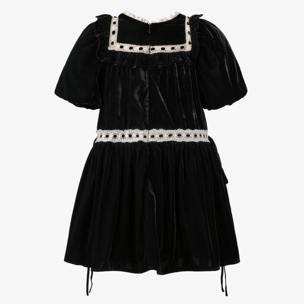 Petite Amalie-Girls Black Velvet Dress with Ribbon Lace | Childrensalon