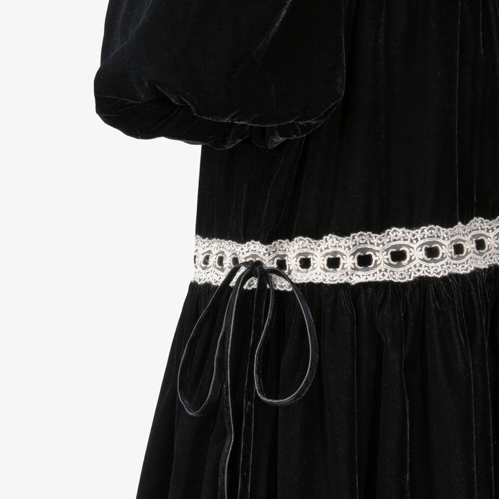 Petite Amalie-Girls Black Velvet Dress with Ribbon Lace | Childrensalon