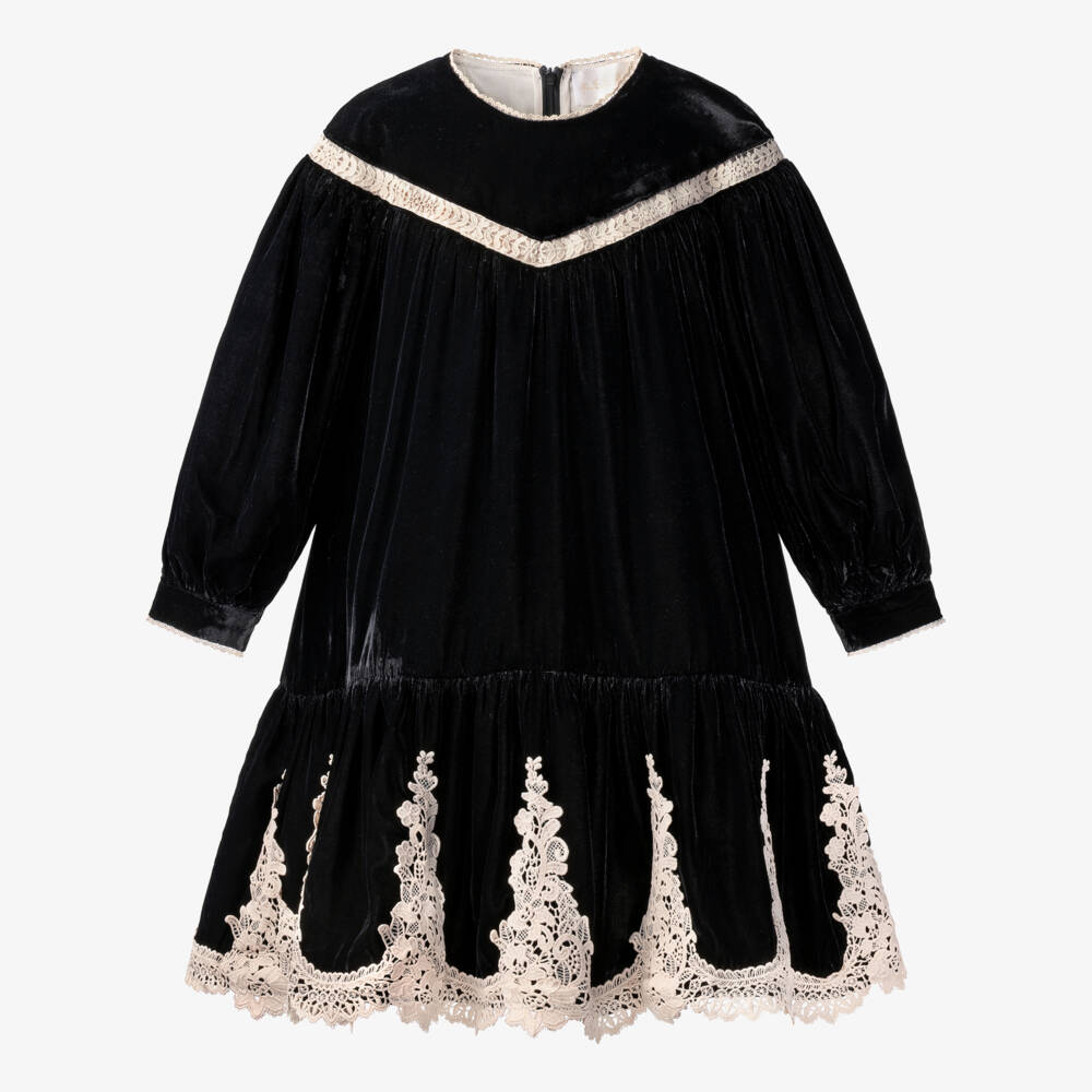 Petite Amalie-Girls Black Velvet Dress with Scalloped Lace  | Childrensalon